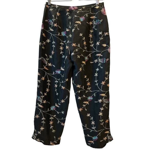 Vtg Anne Carson 100% Pure Silk Floral Embroidered High Waist Pants Size 10 Black - Picture 2 of 9